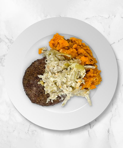 A Bison Burger with Creamy Cabbage, Sweet Potato Mash
