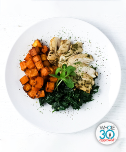 A plate of Citrus Herb Chicken with Spinach and Butternut Squash