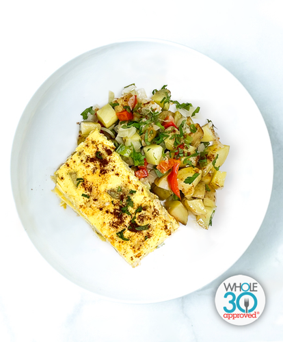 A plate of Turkey Chorizo Frittata With Yukon Potato Hash