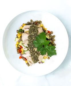 A plate of Lemon Basil Chicken With Corn & Lentil Fricassee