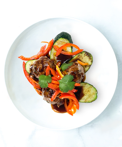 A plate of Miso Glazed Wild Boar Meatballs And Hibachi Zucchini