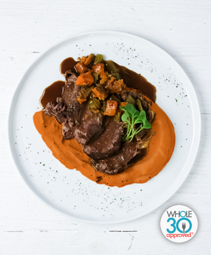 A plate of Beef Pot Roast with Sweet Potato Mash