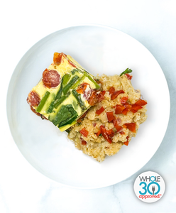 A plate of Tomato, Asparagus and Spinach Frittata with Pimento Cheese Grits