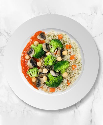 A plate of Buffalo Vegetables And Cauliflower Quinoa Grits