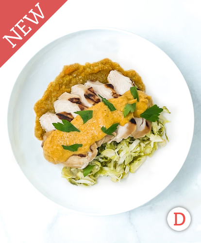 Cheesy Chicken With Vegetable Mash And Brussel Sprout Almond Slaw